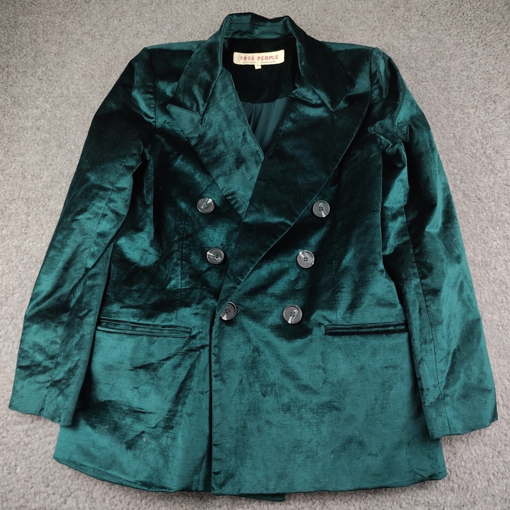 Free People Ashby Velvet Blazer XS Double Breasted Emerald Green